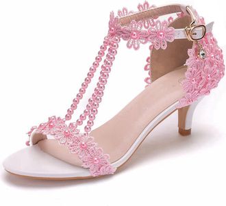 Generic Pink,6.5 UK,Womens lace Kitten Heel Pumps with Pearl T-Strap Peep Open Toe Ankle Strap Sandals Wedding Prom Dance Dressy Shoes