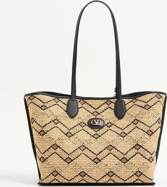 Valentino Garavani Borsa Media Shopping Valentino Garavani In Rafia Con Motivo Geometrico Donna NATURALE/NERO UNI