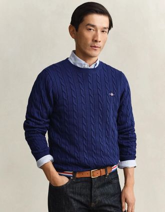 GANT Mens GANT Mens Cotton Cable Knit Crew Neck Jumper - 432 Rich Navy - Size: 40
