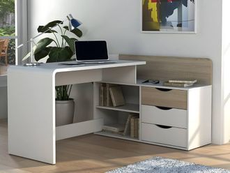 Vente-Unique Corner Desk - MDF - 3 Drawers & 2 Shelves - White & Oak - DECLAN II in Light Oak