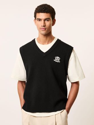 Reiss Black Monogram Embroidered Relaxed Wool Vest, XL