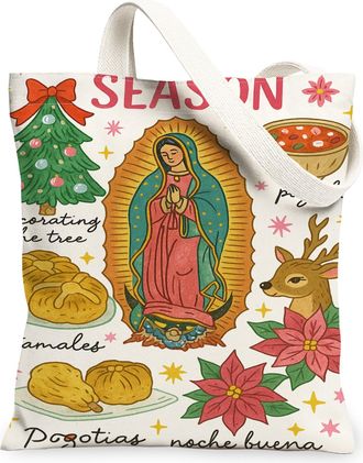 Generic Christmas Floral Canvas Tote Bags, Vintage Holiday Design Reusable Grocery Bags, Lightweight Washable Shoulder Strap Canvas, White, 13x15 Inch