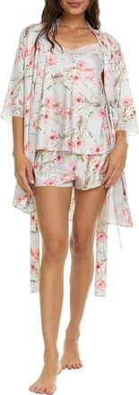 Flora Nikrooz Sabrina Floral Print Satin Short Pajamas & Robe Set in Light Grey at Nordstrom Rack, Size X-Small