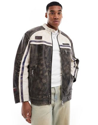 Asos Giacca da motocross in vera pelle nero slavato con toppe