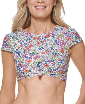 Tommy Hilfiger Womens Knotted Front Cap Sleeves Printed Swim Top, Soft White Multi, Large