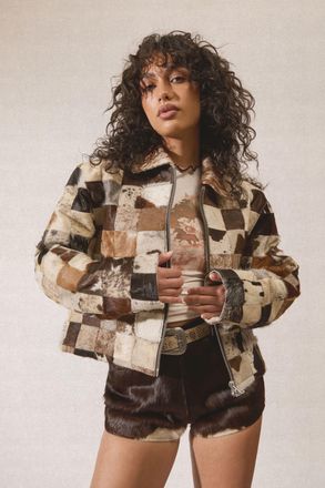 NASTY GAL Womens Patchwork Cow Hide Real Leather Jacket - Animal - Size 6 UK