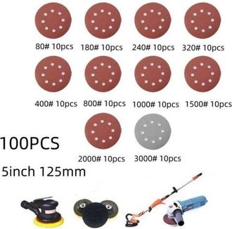 OEM 100 Discos De Papel De Lija Redondos De 125 Mm Con Cierre De Velcro, L&aacute;minas Abrasivas Para Pulir, 8 Agujeros