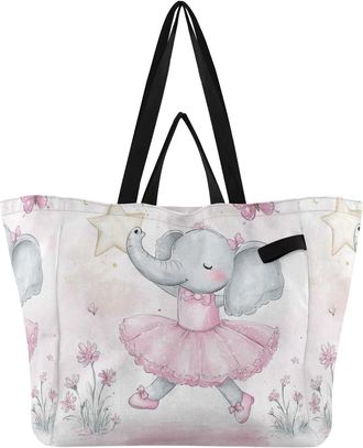 Generic Elephant Star Butterfly Pink pattern Reusable Canvas Tote Bag, Heavy Duty Grocery Shopping Bag with Double Handles Large Capacity Hard Bottom Work Gro