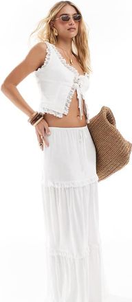 the frolic Esclusiva The Frolic - Gonna lunga in misto lino a balze bianca con volant in pizzo e allacciatura in vita in coordinato-Bianco