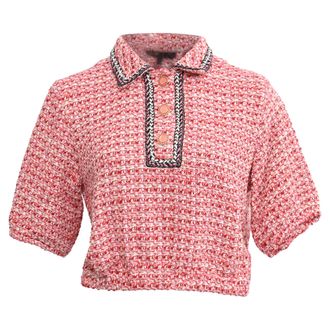 Maje Tweed Polo Cropped Top in Red Cotton