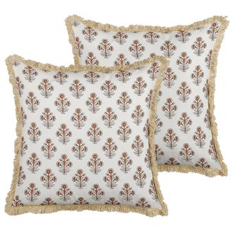 Beliani Beliani - Conjunto De 2 Cojines De Algod&oacute;n Blanco Beige Naranja 45 X 45 Cm Borlas Omorika