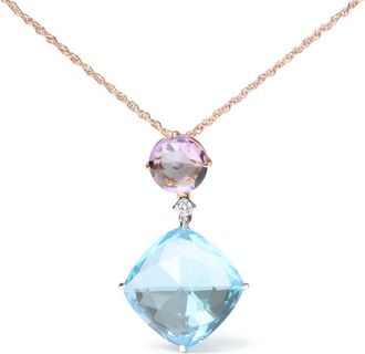 House of Brilliance 18K White and Rose Gold Round Diamond Accent & Rose De France Pink Amethyst & Cushion Cut Sky Blue Topaz Dangle Drop 18 Necklace