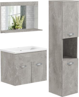 OEM Set Mobili Bagno Da 4 Pezzi Con Lavabo Da 60cm, Mobiletto, Colonna Bagno E Specchiera In Legno, Grigio