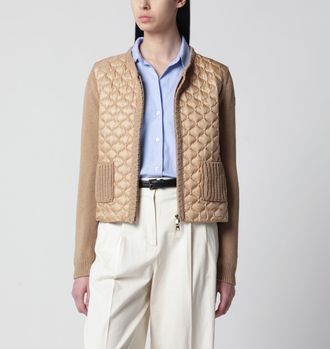 Moncler Womens hybrid knit and padded nylon cardigan in beige