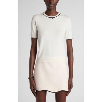Valentino Garavani Tipped V-Detail Short Sleeve Wool Sweater in Ivory/Black at Nordstrom, Size X-Small
