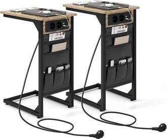 Costway Costway - Set di 2 Tavolini a Forma di c, Tavolino da Divano e Letto in Metallo con 2 Prese Elettriche, 2 Porte usb e Tasca Laterale, Comodino per