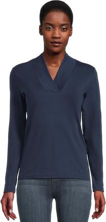 L.L.Bean Pima Shawl Long-Sleeve Cotton T-Shirts Womens Clothing Raven Blue : MD, Cotton/Elastane/Lyocell
