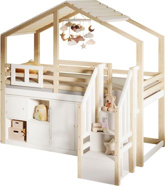 STILVORA Cama Alta 90 X 200 Cm Con Barandilla, Almacenamiento M&uacute;ltiple Y Escalera De Almacenamiento, Sin Colch&oacute;n, De Pino, Blanco Y Natural