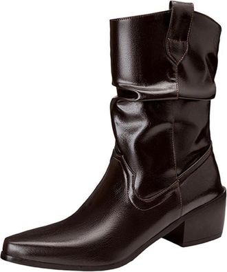 Generic Womens Western Fringe Knee High Boots Pointed Toe Faux Suede Chunky Block Heels Studded Cowboy Style Non Slip Comfortable Durable Daily Party,Brown,6.