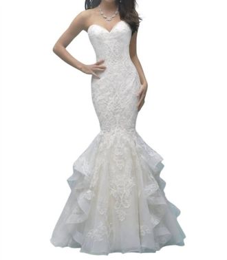 Allure Bridals Strapless Ruffled Lace Mermaid Wedding Gown In Gold/ivory/silver