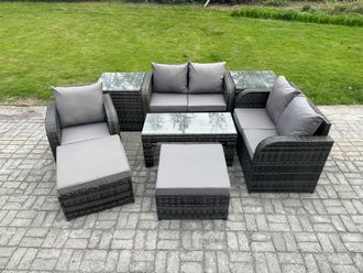 Fimous 8 Pcs Rattan Outdoor Garden Furniture Sofa Set Patio Table & Chairs Set with 2 Side Tables 2 Big Footstool Dark Grey Mixed