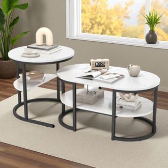 OEM Juego De 2 Mesas Bajas - Estilo Moderno - Encimera De M&aacute;rmol Blanco - Estructura Met&aacute;lica Negra - Dise&ntilde;o Elegante