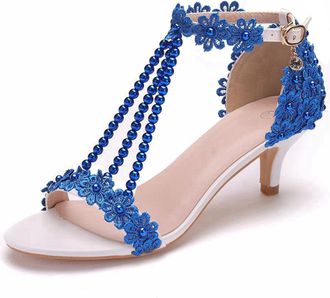 Generic Blue,5.5 UK,Womens lace Kitten Heel Pumps with Pearl T-Strap Peep Open Toe Ankle Strap Sandals Wedding Prom Dance Dressy Shoes