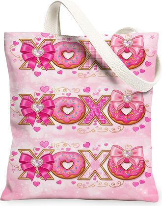 Generic Cute Donut Canvas Tote Bags, Vintage Bow Pattern Reusable Grocery Bags, Lightweight Washable Shoulder Strap Canvas for Shop, Peach, 13x15 Inch