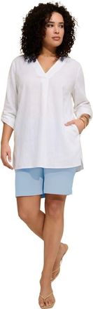 Roaman's Plus Size Linen Blend Y Neck Roll Tab Sleeve Tunic in White at Nordstrom, Size 28
