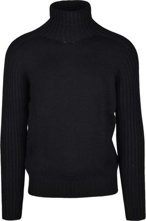 Gran Sasso Ribbed Black Virgin Wool Crew Neck Sweater