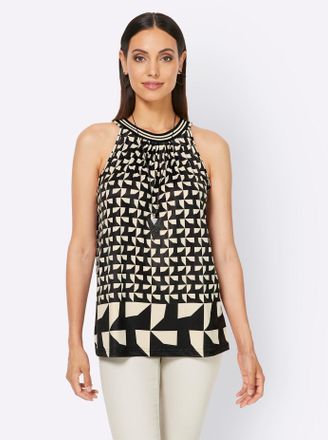 Heine Shirttop HEINE, Damen, Gr. 34, beige (sand, schwarz, bedruckt), 95% Polyester, 5% Elasthan, bedruckt, gemustert, mehrfarbig, Rundhals, Tops Shirttop