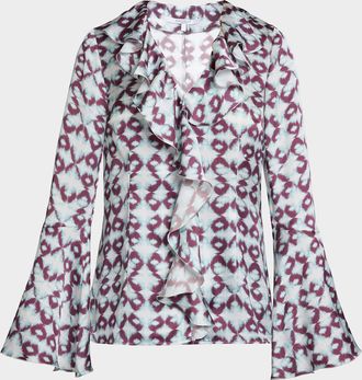 Santorelli Sydney Abstract-Print Ruffled Blouse