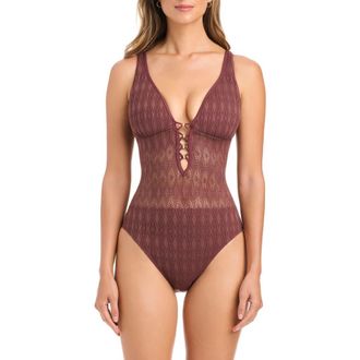 Bleu Rod Beattie Lace Overlay One-Piece Swimsuit in Coffee at Nordstrom, Size 14