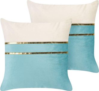 Beliani Conjunto De 2 Cojines De Terciopelo Azul Beige Dorado 45 X 45 Cm Glamour Allium