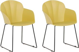 Beliani Conjunto De 2 Sillas De Comedor De Material Sint&eacute;tico Amarillo Patas De Metal Negro Respaldo En Forma De Sala De Estar Moderna Sylva