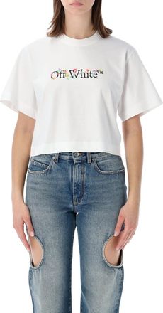 Off-white White Round Neck Logo Print Cropped T-Shirt