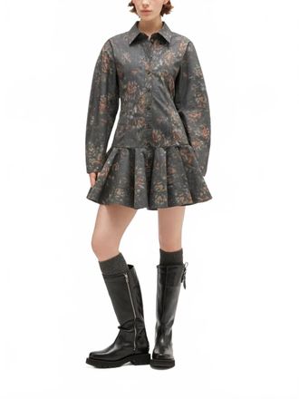 Ganni Printed Stretch Cotton Buttoned Mini Dress In Phantom