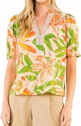THML Clothing Hibiscus Floral Blouse In Green