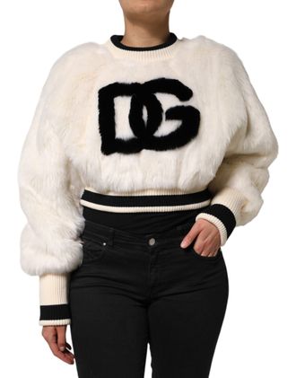 Dolce & Gabbana White Cropped Faux Fur DG Sweatshirt Womens Sweater