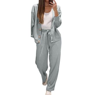 Generic Lounge Wear Sets for Women UK Button Up Full Set Tracksuit Ladies Plus Size Comfortable Loungewear 2 Piece Outfits Long Sleeve V-Neck Shirts Tops and 