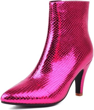 Generic Womens Ankle Boots With Metallic Snakeskin Print Pointed Toe Stiletto Heels Slip-On Design Vibrant Color Sleek Silhouette Soft Inner Lining Durable Ou