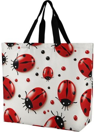 Generic YHNNH Fashionable Reusable Womens Shoulder Tote Bag Red Ladybug Printed with Unique Heat Transfer Print, Eco-Friendly Durable Polyester for Grocery, T