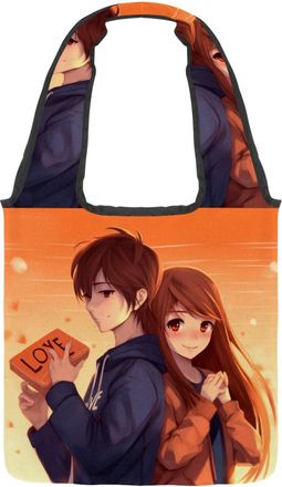 Generic Boy Girl Love Reversible Canvas Shoulder Tote - Double-Sided Print, 12oz Cotton, 27cm Drop, Fold-Flat Bag for Travel, Shopping, Street Outings