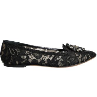 Dolce & Gabbana Black Lace Crystal Ballet Flats Loafer Womens Shoes