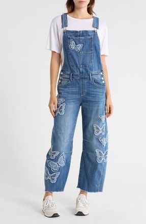 Free People Barbara Fray Hem Barrel Leg Denim Overalls in Medium Wash at Nordstrom Rack, Size X-Large