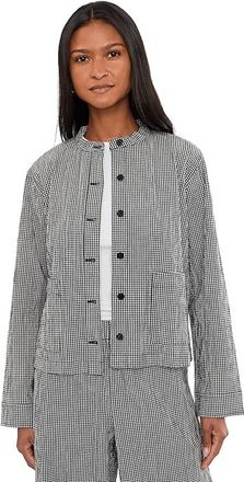Eileen Fisher Organic Cotton Pucker Check Mandarin Collar Jacket Womens Jacket Black White : XL