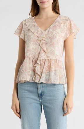 Melrose and Market Flutter Sleeve Chiffon Peplum Top in Ivory- Brown Pinpoint Paisley at Nordstrom Rack, Size Xx-Large