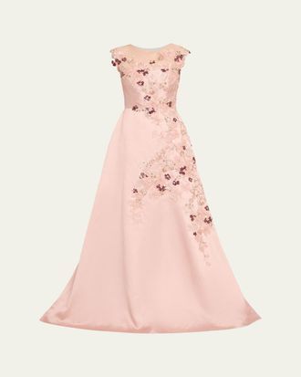 Teri Jon Sequin Floral-Embroidered Jacquard Gown