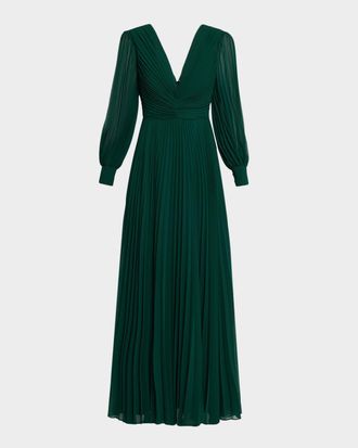 Badgley Mischka Pleated Blouson-Sleeve Deep V-Neck Gown