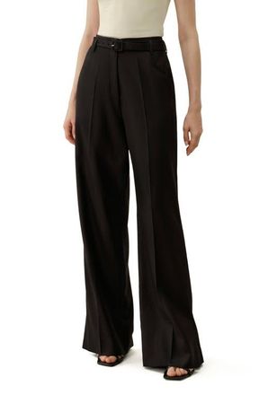 LilySilk Silk Wool High-Waisted Wide-Leg Pant in Black at Nordstrom, Size 10
